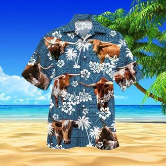 Cattle Aloha Hawaiian Shirt - Texas Longhorn Cattle Hawaiian Shirt, Blue Tribal Hawaiian Shirt For Men & Women, Cattle Lover, Fammer | Favorety