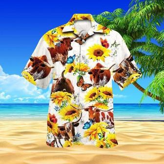 Cattle Aloha Hawaiian Shirt - Texas Longhorn Cattle Hawaiian Shirt, SunFlower & Butterfly Hawaiian Shirt For Men & Women, Cattle Lover, Fammer | Favorety UK