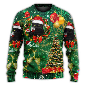 Christmas Black Cat Drinking Happy Christmas Tree Green Light Ugly Sweaters - Thegiftio UK