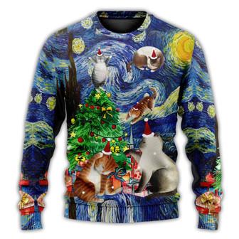 Christmas Cat Playing In Starry Night Ugly Sweaters - Thegiftio UK