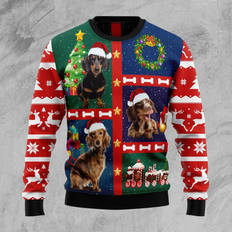 Christmas Tree And Three Cute Dachshund Ugly Sweater - Thegiftio UK