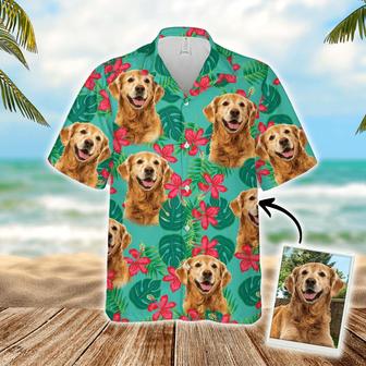 Custom Dog Face Hawaiian Shirt - Leaves & Flowers Pattern Mint Color Aloha Shirt - Personalized Hawaiian Shirt For Men & Women, Dog Lovers - Seseable