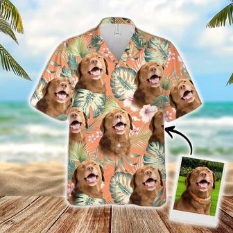 Custom Hawaiian Shirt With Dog Face - Leaves & Flowers Pattern Carrot Color Aloha Shirt - Personalized Hawaiian Shirt For Men & Women, Dog Lovers - Seseable