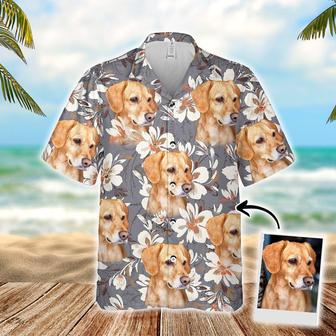 Customized Aloha Hawaiian Shirts With Dog Face Pet Face - Tropical Floral, Watercolor Flower Gray Color Aloha Hawaiian Shirts With Dog Face - Seseable