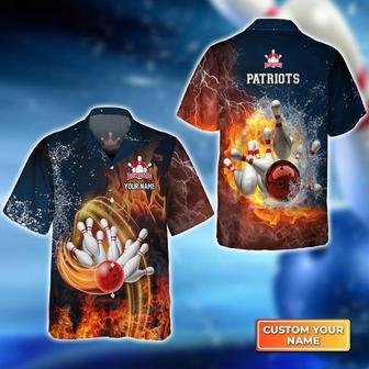 Customized Bowling Hawaiian Shirts, Personalized Hawaiian Shirt Patriots Bowling Ball On Fire Aloha Shirt - Gift For Bowling Lovers, Bowling Players | Favorety