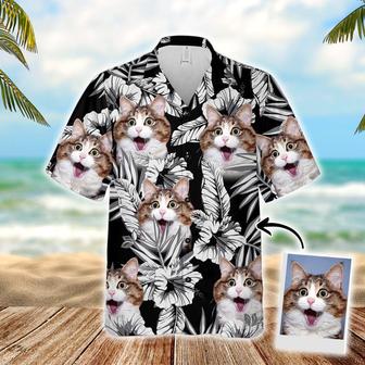 Customized Dog Cat Face Aloha Hawaiian Shirts With Pet Face - Flowers Pattern Black Color Aloha Hawaiian Shirts & Tops For Cat Lovers | Seseable UK