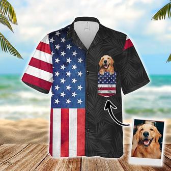 Customized Hawaiian Shirt With Pet Face - American Tropical Summer Background Red & Blue Color Aloha Shirt With Pocket - Gift For Pet Lovers - Seseable