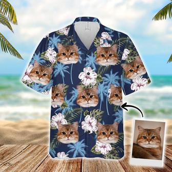 Customized Hawaiian Shirt With Pet Face - Blue Palm Tree Pattern Aloha Shirt, Hawaiian Shirt With Pet Face - Personalized Gift For Pet Lovers - Seseable