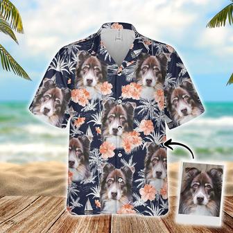 Customized Hawaiian Shirt With Pet Face, Orange Flower, Palm Trees And Sailboat Dark Navy Color Aloha Shirt, Personalized Gift For Pet Lovers - Seseable