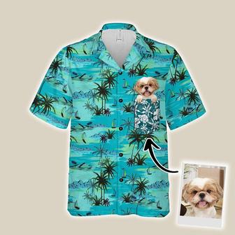 Customized Hawaiian Shirt With Pet Face - Palm Tree, Beach & Ocean Pattern Turquoise Color Aloha Shirt - Personalized Gift For Pet Lovers - Seseable