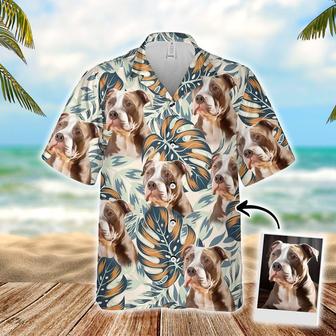 Customized Hawaiian Shirt With Pet Face - Pet Face Hawaiian Shirt, Tropical Bright Plants And Leaves Beige Color Aloha Shirt - Gift For Pet Lovers - Seseable