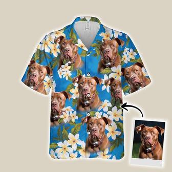 Customized Hawaiian Shirt With Pet Face - Pet Face Hawaiian Shirt, White Plumeria Bouquet On Turquoise Sea Blue Color Aloha Shirt - Gift For Pet Lovers - Seseable