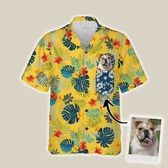 Customized Hawaiian Shirt With Pet Face - Tropical Summer Botanical Pattern Yellow Color Aloha Shirt With Pocket - Personalized Gift For Pet Lovers - Seseable