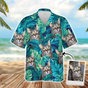 Customized Hawaiian Shirt With Pet Face - Turquoise And Blue Tropical Leaves Pattern Aloha Shirt, Pet Face Shirt - Personalized Gift For Pet Lovers - Seseable