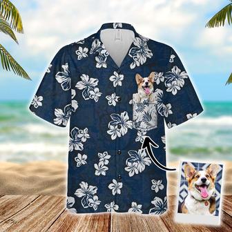 Customized Pet Face Hawaiian Shirt With Pet Face On Pocket - Custom Face Lovely Dog Hawaiian Shirts, Hibiscus Flowers Pattern Navy Color Aloha Shirts - Seseable