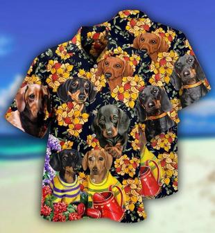 Dachshund Aloha Hawaii Shirt - Dachshund And Flowers Black Style Hawaiian Shirt For Summer - Perfect Gift For Dog Lovers, Friend, Family - Seseable