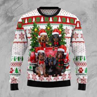 Dachshund Family Red Truck Ugly Christmas Sweater - Thegiftio UK