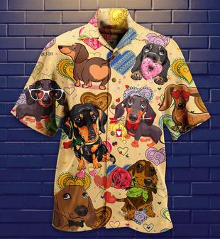 Dachshund Hawaiian Shirt, Dogs Love Heart Aloha Hawaiian Shirt For Summer, Colorful Dog Hawaiian Shirt, Gift For Men Women, Dog Lover, Friends - Seseable