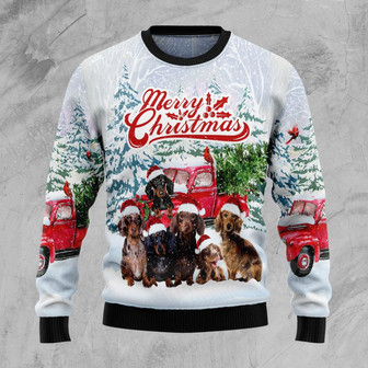 Dachshund With Car Merry Christmas White Ugly Sweater - Thegiftio UK