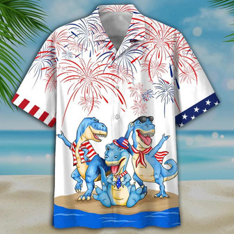 Dinosaur Aloha Hawaiian Shirts For Summer, Happy Independence Day USA Flag Aloha Hawaiian Shirt For Men Women, Fourth July Gift For Dinosaur Lovers - Seseable