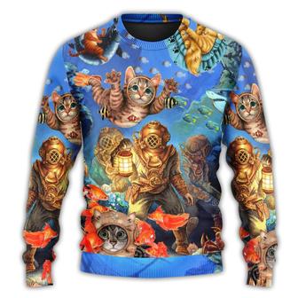 Diving Cat Under The Sea Art Style Ugly Sweaters - Thegiftio UK