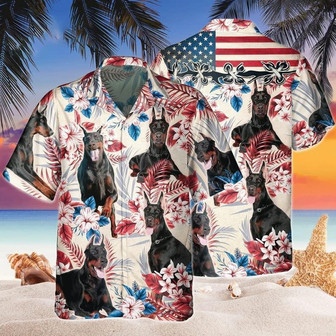 Dobermann Aloha Hawaiian Shirts For Summer, Dobermann Tropical Independence Day USA Flag Hawaiian Shirt For Men Women, 4th of July Gift For Dog Lovers - Seseable