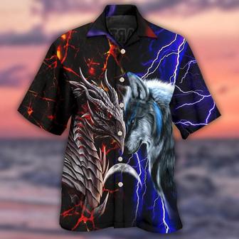 Dragon And Wolf Red And Blue Aloha Hawaiian Shirt For Summer, Heart Of Wolf Soul Of Dragon Hawaiian Shirts Outfit For Men Women, Dragon Lovers - Seseable