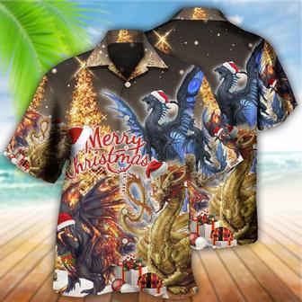 Dragon Christmas Aloha Hawaiian Shirt For Summer, Dragon Gold And Black Merry Christmas Amazing Hawaiian Shirts Outfit For Men Women, Dragon Lovers - Seseable