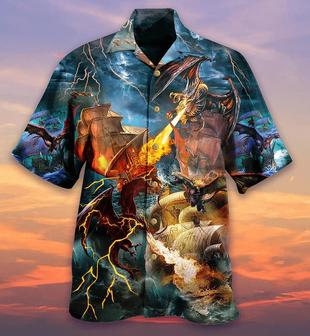 Dragon Colorful Aloha Hawaiian Shirt For Summer, Dragon Fight With The Pirate Ship Hawaiian Shirts Outfit For Men Women, Dragon Lovers - Seseable