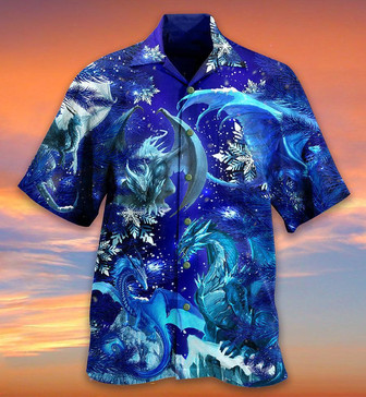 Dragon Snow Hawaiian Shirt For Summer, Dragon Merry Xmas Snow Love Blue Color Hawaiian Shirts Outfit For Men Women, Dragon Lovers - Seseable