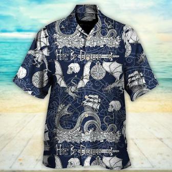 Dragon With Skull Old Ship Sea Life Aloha Hawaiian Shirt For Summer, Here Be Dragons Hawaiian Shirts Outfit For Men Women, Dragon Lovers - Seseable