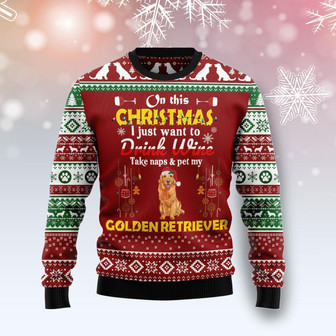 Drink Wine Pet My Golden Retriever Christmas Ugly Sweater - Thegiftio UK