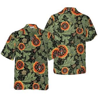 Firefighter Hawaiian Shirt, Floral And Leaves Fire Dept Logo Firefighter Aloha Shirt For Men - Gift For Firefighter, Husband, Boyfriend, Family, Friends | Favorety