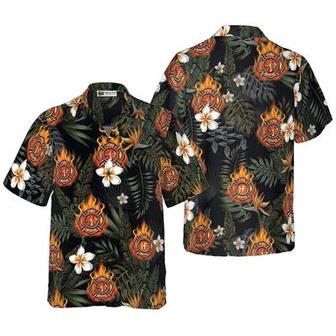 Firefighter Hawaiian Shirt, Tropical Leaves Firefighter Logo On Flame Aloha Shirt For Men - Gift For Firefighter, Husband, Boyfriend, Family, Friends | Favorety