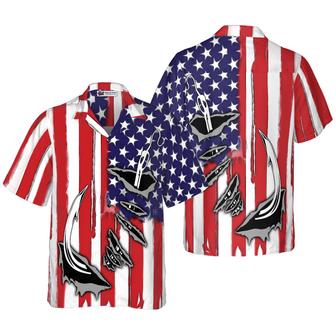 Fish Hook American Flag Hawaiian Shirt, Colorful Summer Aloha Shirt For Men Women, Perfect Gift For Husband, Wife, Friend, 4th July, Fishing Lover - Seseable