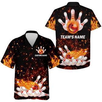 Flame Bowling Custom Name And Team Name Hawaiian Shirt, Fire Bowling Personalized Hawaiian Shirts For Men Women, Team, Bowling Lovers, Bowlers - Seseable