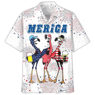 Flamingo Aloha Hawaiian Shirts For Summer, Flamingo Drinking Beer In USA Flag Happy Independence Day Aloha Hawaiian Shirt For Men Women, 4th Of July - Seseable
