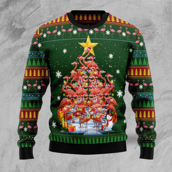 Flamingo Christmas Tree Green Yellow Christmas Ugly Sweater - Thegiftio UK