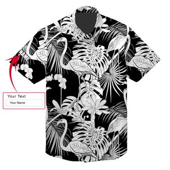 Flamingo Custom Name Aloha Hawaiian Shirt For Summer, Black And White Tropical Plants Personalized Hawaiian Shirts Outfit For Men Women - Seseable