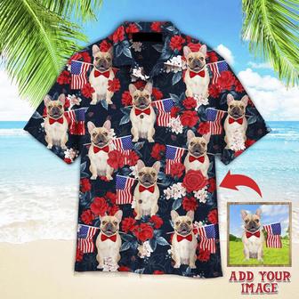 French Bulldog Hawaiian Shirt Custom Photo, Dog Holding Flag USA On Red Rose Tropical Personalized Hawaiian Shirts - Perfect Gift For Dog Lovers - Seseable