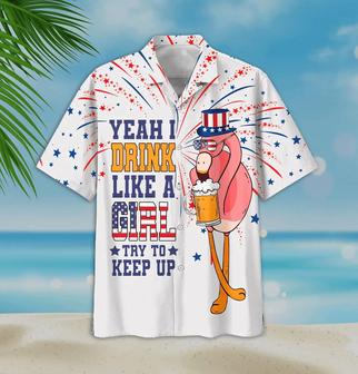 Funny Flamingo Aloha Hawaiian Shirts For Summer, Flamingo Drinking Beer Independence Day 4th Of July Flag Aloha Hawaiian Shirt For Men Women - Seseable