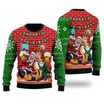Funny Santa Drink Beer With Reindeer Ugly Christmas Sweater For Men & Women | Favorety