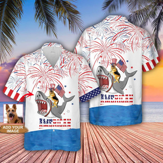 German Shepherd Hawaiian Shirt Custom Photo For 4th Of July , Puppy Riding Shark With American Flag Firework Personalized Hawaiian Shirt - Gift for Independence Day - Seseable