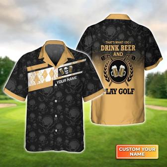 Golf Hawaiian Shirt Custom Name, Golf And Beer Skull Argyle Pattern Personalized Aloha Shirt For Men Women - Perfect Gift For Golfer, Friend, Family - Seseable