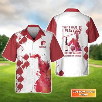 Golf Hawaiian Shirt Custom Name, Red Argyle Pattern Play Golf Drink Wine Personalized Aloha Shirt For Men Women - Perfect Gift For Husband, Friend - Seseable
