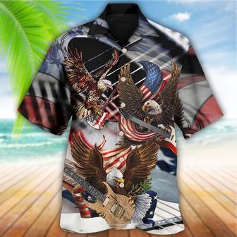 Guitar Eagle Independence Day American Flag Aloha Hawaiian Shirt For Summer, Guitar Hawaiian Shirts Matching Outfit For Men Women, Music Guitar Lover - Seseable