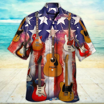 Guitar Independence Day Star American Flag Aloha Hawaiian Shirt For Summer, Guitar Hawaiian Shirts Matching Outfit For Men Women, Music Guitar Lovers - Seseable