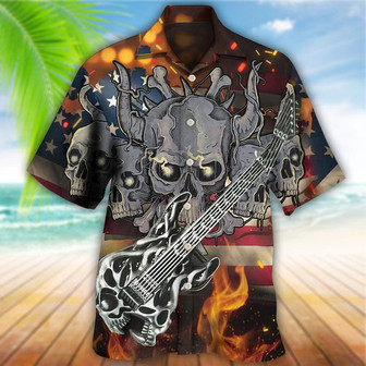 Guitar Skull Independence Day American Flag Aloha Hawaiian Shirt For Summer, Guitar Hawaiian Shirts Matching Outfit For Men Women, Music Guitar Lover - Seseable