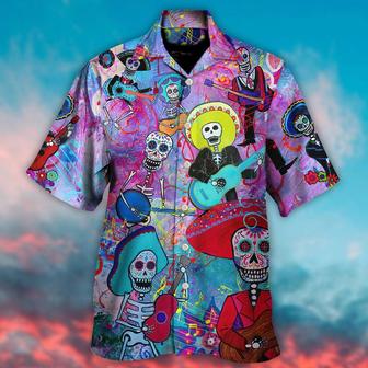 Guitar Sugar Skull Aloha Hawaiian Shirt For Summer, Guitar Day Of The Dead Calavera Hawaiian Shirts Outfit For Men Women, Music Guitar Lovers - Seseable