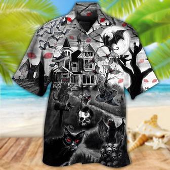 Halloween Black Cat Hawaiian Shirt, Black Cat Flying Horror Night Halloween Aloha Shirt For Men & Women - Halloween Gift For Members Family, Friends - Seseable
